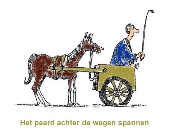 Het paard achter de wagen spannen.= iets nutteloos doen of verkeerd